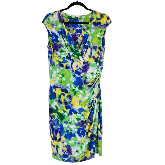 Lauren Ralph Lauren Dresses & Skirts - Ralph Lauren Dress Floral Watercolor Green Blue Yellow Ruching Stretch Sz 10